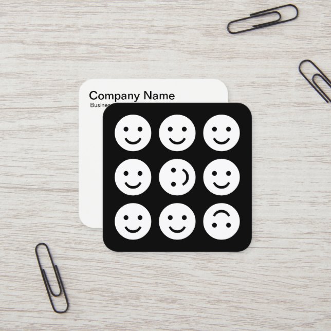 Tumbling Emojis - White on Black Square Business Card (Front/Back In Situ)