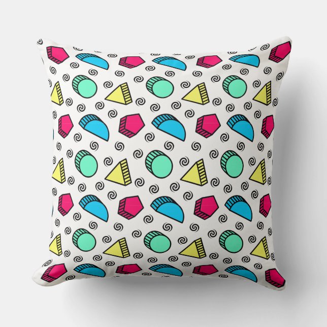 Tumbling Neo Memphis Style Shapes Pattern Throw Pillow (Front)