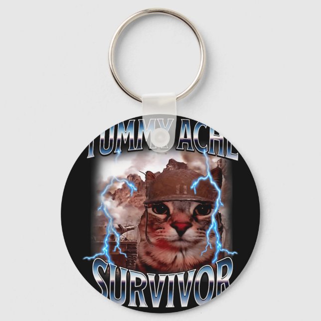 Tummy ache survivor funny cat meme survived today' keychain (Front)