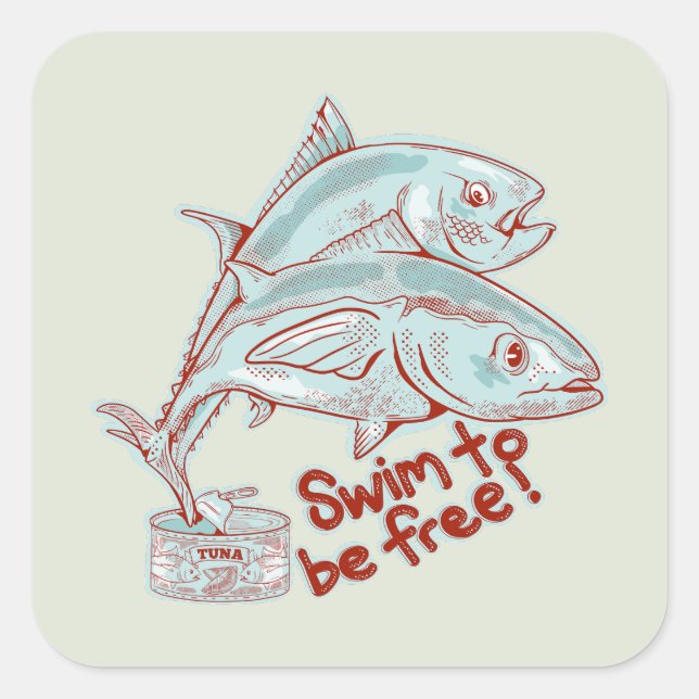 Tuna Fish esacping a tin Square Sticker (Front)