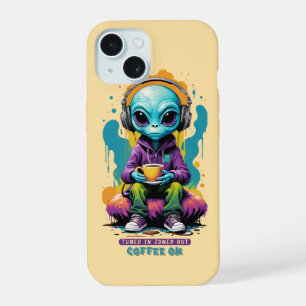 Tuned in Zoned out Coffee On   Cute Alien Art iPhone 15 Case