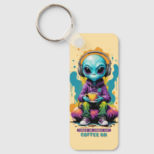 Tuned in Zoned out Coffee On Cute Alien Art Keychain