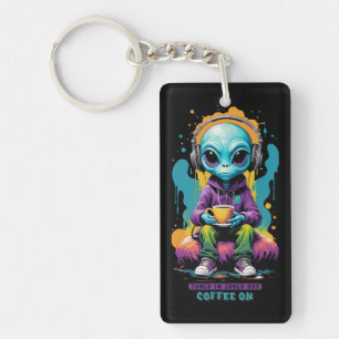 Tuned in Zoned out Coffee On Cute Alien Art Keychain