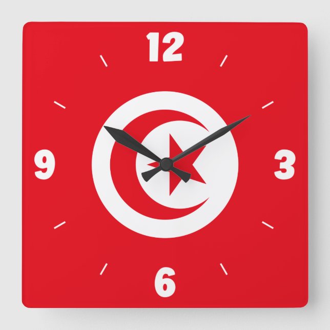 Tunisia Flag Red White Crescent Star Numbers Square Wall Clock (Front)