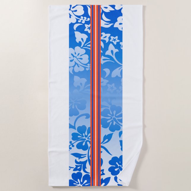 Tunnels Beach Hawaiian Hibiscus Surfboard Blue Beach Towel (Front)