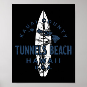 Tunnels Beach Kauai Hawaii Vintage Surfing  Poster