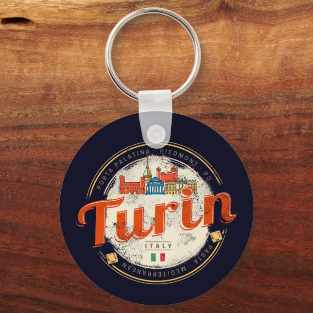 Turin Piedmont Retro Skyline Italian Vintage Pasta Keychain (Front)