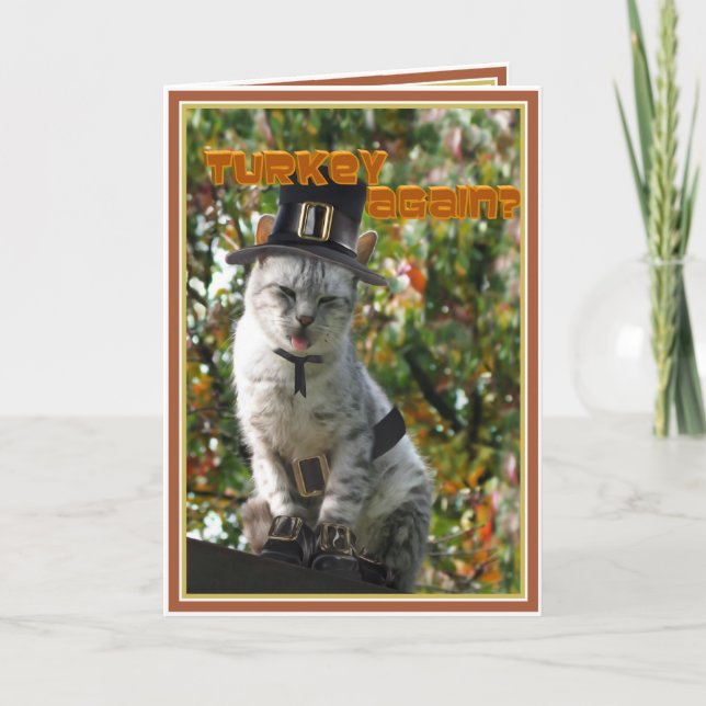 TURKEY AGAIN? Thanksgiving Pilgrim Cat Holiday Card (Front)