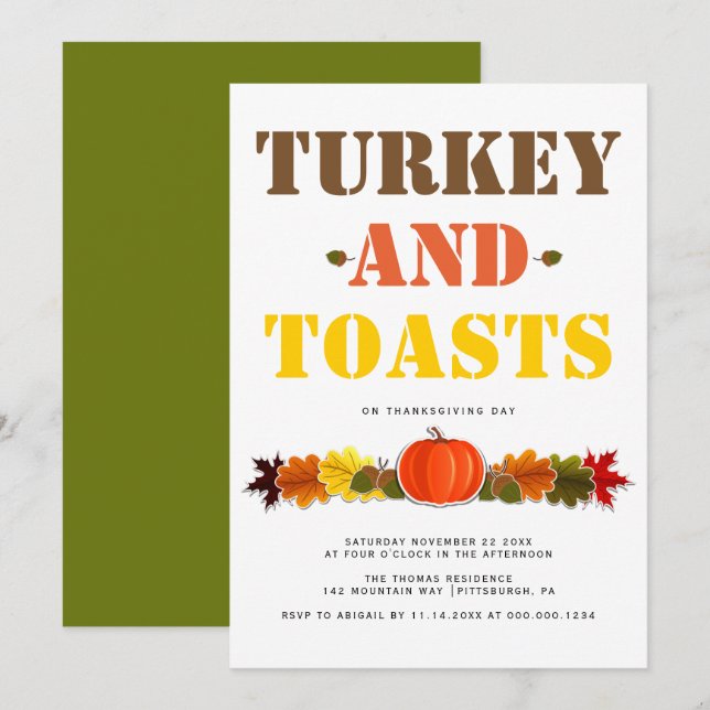 Turkey and Toasts bold typography Friendsgiving Invitation (Front/Back)