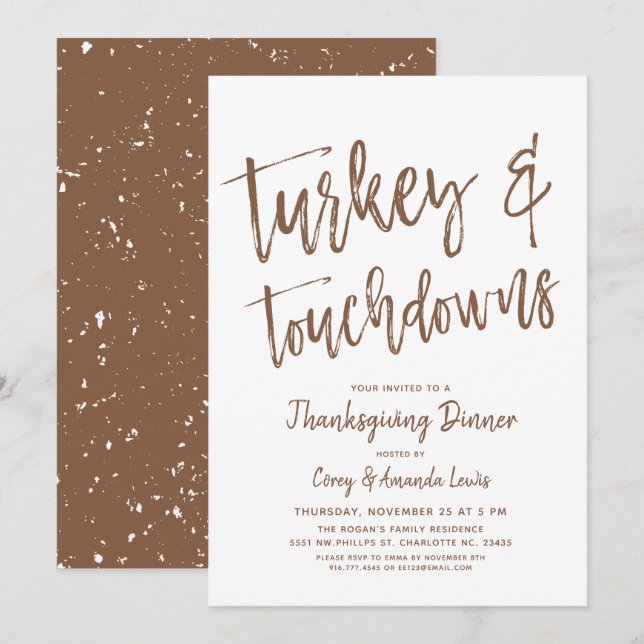 Turkey and Touchdowns | Thanksgiving Party Brown Invitation (Front/Back)