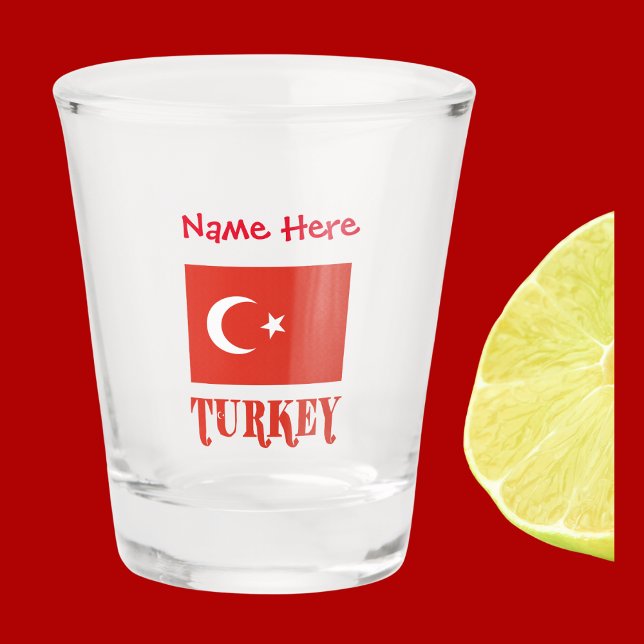 Turkey and Turkish Flag Red Personalization  Shot Glass (Shot glass with the Turkish flag and the word TURKEY below in red. Add a name above in red letters.)