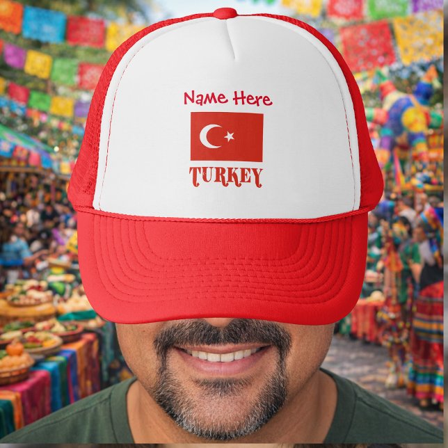 Turkey and Turkish Flag Red Personalization  Trucker Hat (Personalized trucker hat has Turkish Flag and TURKEY below in red text. Add a name above in red, too)