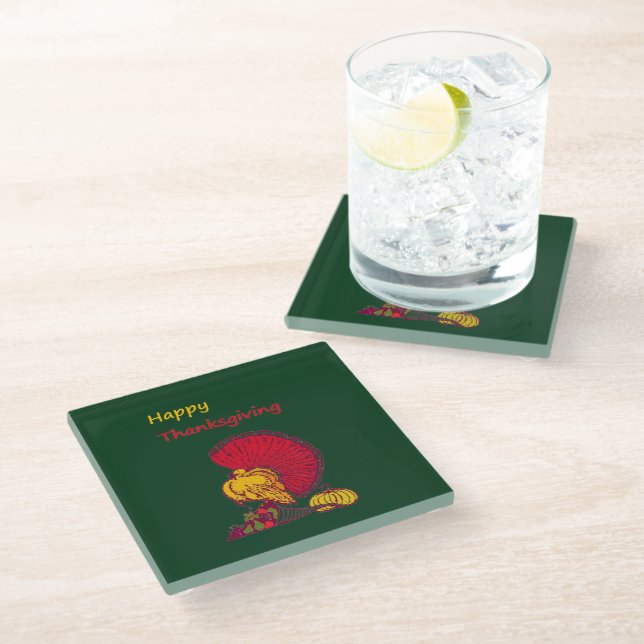 Turkey and veggies happy Thanksgiving green Glass Coaster (Angled)