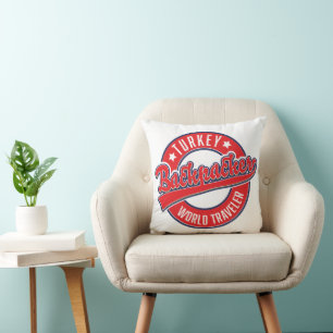 Turkey backpacker world traveller retro logo. throw pillow