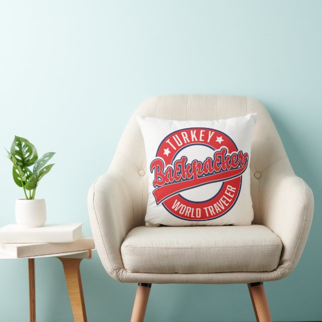 Turkey backpacker world traveller retro logo. throw pillow (Chair)