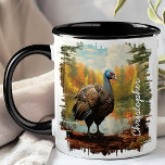 Turkey by Autumn Forest Lake Mug<br><div class="desc">Immerse yourself in the beauty of the season with the Turkey by Autumn Forest Lake Mug. This captivating mug features a striking image of a turkey standing by a serene forest lake, with vibrant autumn foliage and the peaceful landscape beautifully reflected in the water. Customized with your name, it adds...</div>