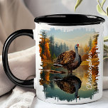 Turkey by Autumn Lake Reflection Mug<br><div class="desc">Celebrate the beauty of autumn with the Turkey by Autumn Lake Reflection Mug. This unique mug features a detailed image of a turkey standing by a serene lake, with vibrant fall foliage and the tranquil landscape beautifully reflected in the water. Customized with your name, it adds a personal and unique...</div>
