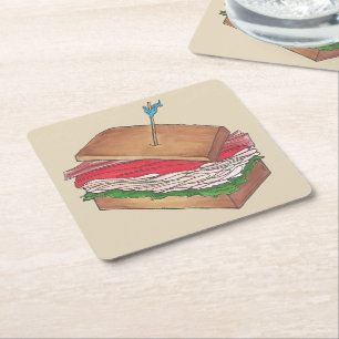 Turkey Club Sandwich Restaurant Diner Foodie Food Square Paper Coaster