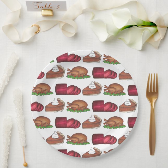 Turkey Cranberry Pumpkin Pie Thanksgiving Dinner Paper Plate (Wedding)
