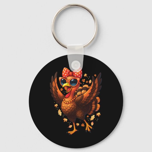 Turkey Dancing Turkey Day Womens Fall Cute Bow Tha Keychain (Front)
