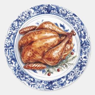 Turkey Dinner on a Blue Chinoiserie Plate Classic Round Sticker