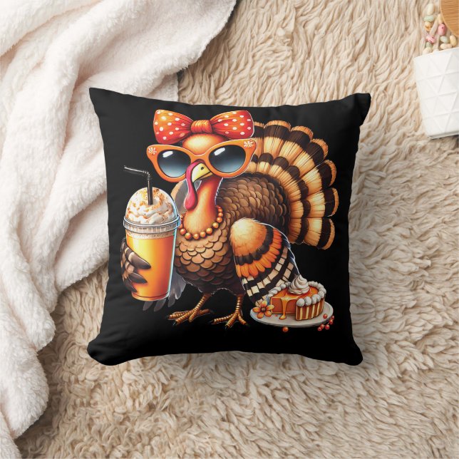 Turkey Drinking Coffee Bow Thanksgiving Turkey Day Throw Pillow (Blanket)