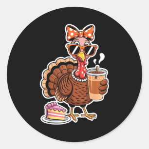 Turkey Drinking Coffee Bow Thanksgiving Womens Tur Classic Round Sticker