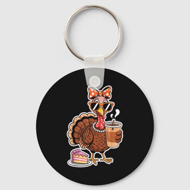 Turkey Drinking Coffee Bow Thanksgiving Womens Tur Keychain (Front)