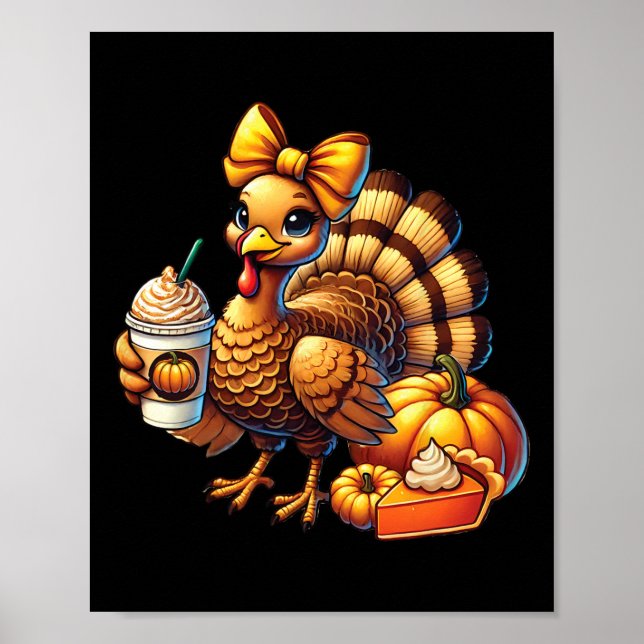 Turkey Drinking Coffee Bow Thanksgiving Womens Tur Poster (Front)