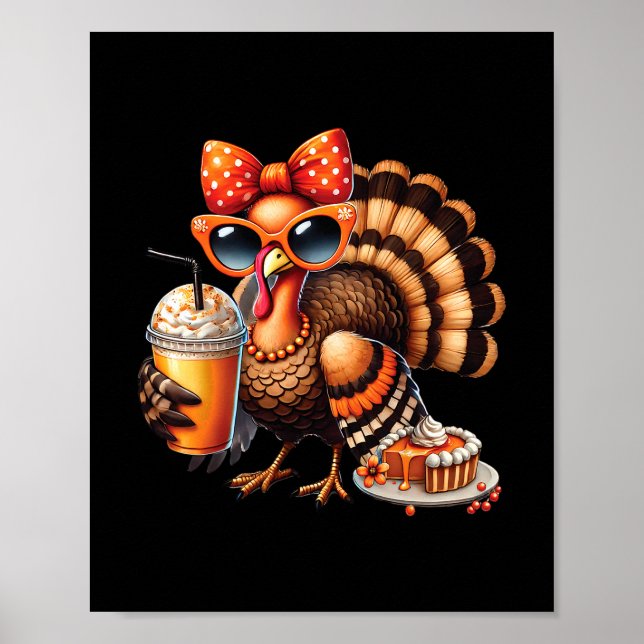 Turkey Drinking Coffee Bow Thanksgiving Womens Tur Poster (Front)