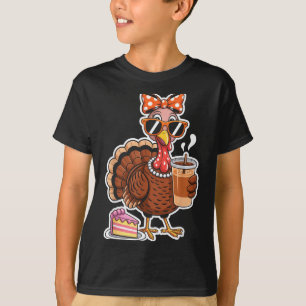 Turkey Drinking Coffee Bow Thanksgiving Womens Tur T-Shirt