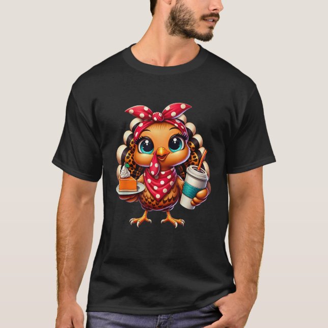 Turkey Drinking Ice Coffee Bow Thanksgiving Women  T-Shirt (Front)