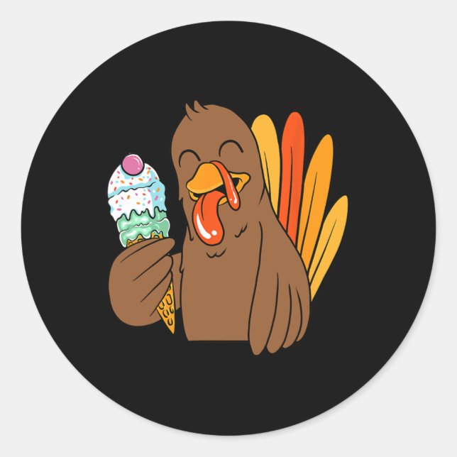 Turkey Eating Ice Cream Thanksgiving Day Funny Fal Classic Round Sticker (Front)