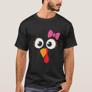Turkey Face Girl Pink Bow T Shirt   Kids Thanksgiv