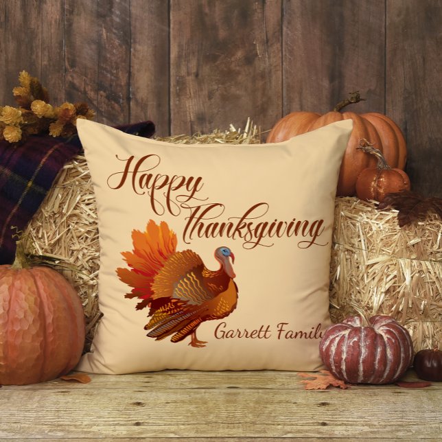 Turkey Fall Family Name Happy Thanksgiving Throw Pillow (Creator Uploaded)
