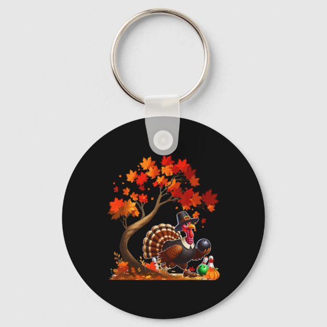 Turkey Fall Tree Thanksgiving Bowling Lover Player Keychain (Front)