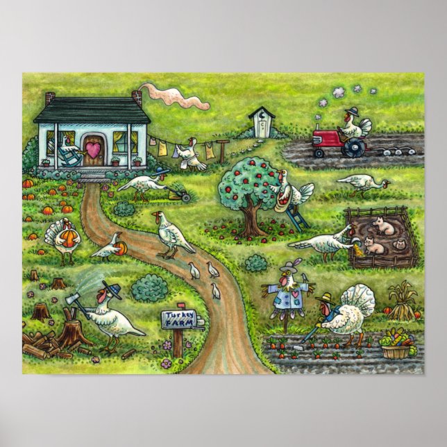 TURKEY FARM, HUMOROUS COUNTRY THANKSGIVING BIRDS POSTER (Front)