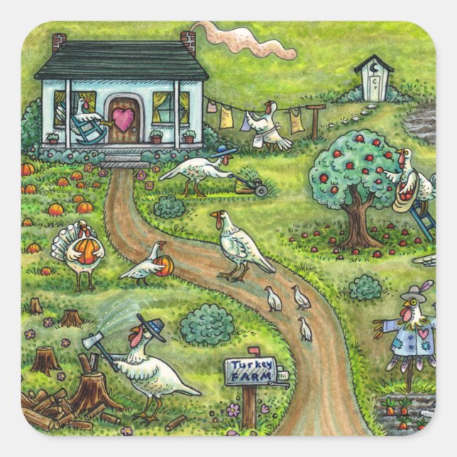 TURKEY FARM, HUMOROUS COUNTRY THANKSGIVING HOUSE SQUARE STICKER (Front)