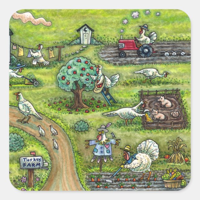 TURKEY FARM, HUMOROUS COUNTRY THANKSGIVING PIGS SQUARE STICKER (Front)