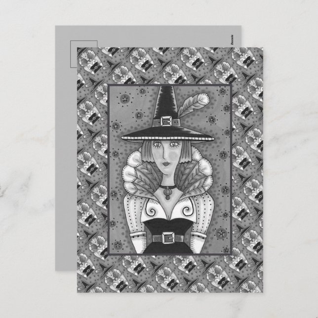 TURKEY FEATHER WITCH, A SALEM THANKSGIVING, FOLK HOLIDAY POSTCARD (Front/Back)