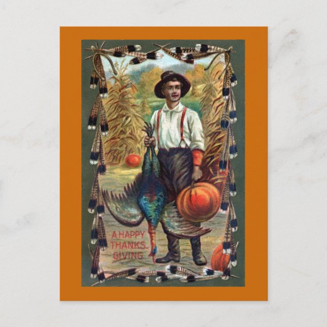 Turkey, Feathers and Farmer Vintage Thanksgiving Holiday Postcard (Front)
