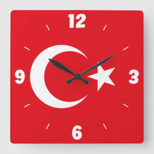 Turkey Flag Numbers Red White Crescent Star Square Wall Clock