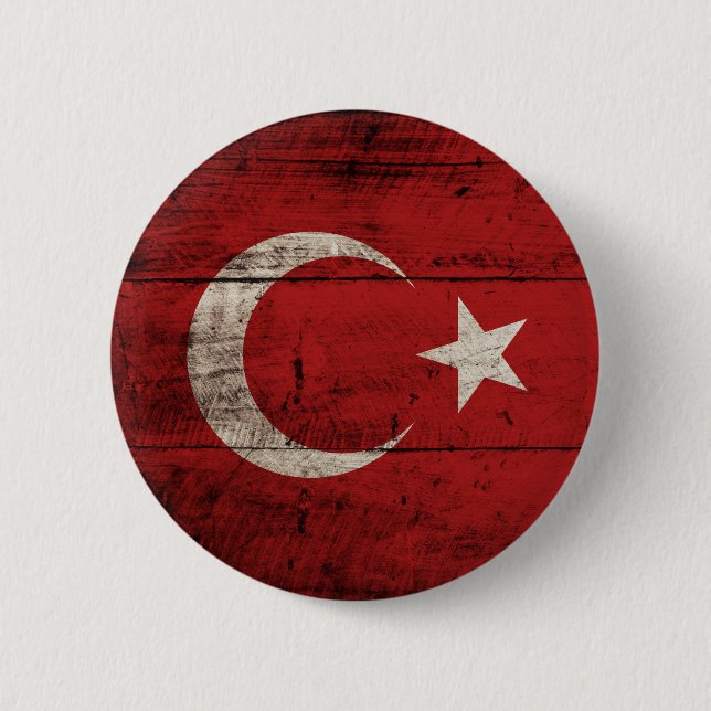 Turkey Flag on Old Wood Grain 2 Inch Round Button (Front)