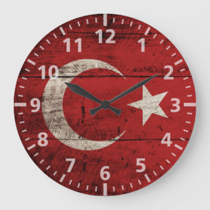 Turkey Flag on Old Wood Grain Large Clock