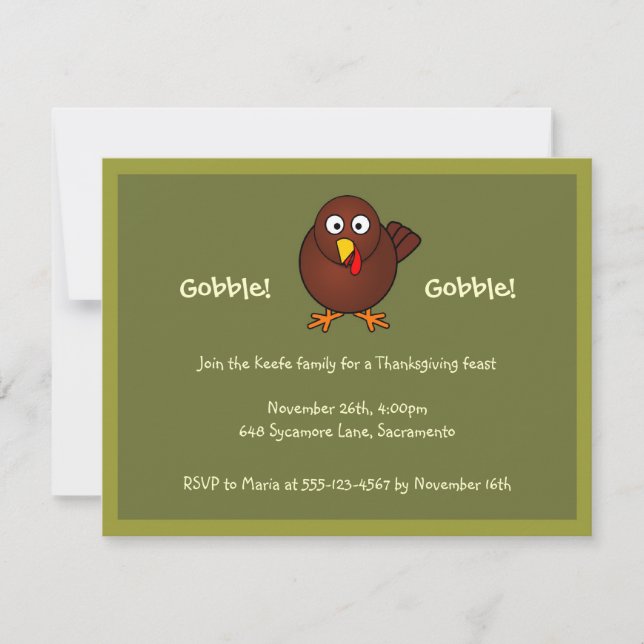 Turkey gobble Thanksgiving green brown invitation (Front)