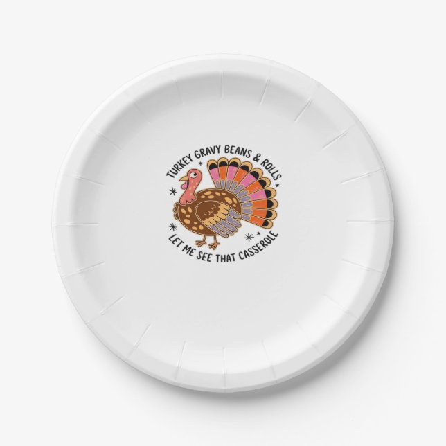 Turkey gravy beans and rolls let me see that casse paper plate (Front)