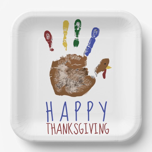 Turkey Handprint Kid Happy Thanksgiving Cute  Paper Plate (Front)