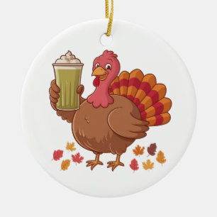 Turkey Holding Matcha Drink Thanksgiving Ceramic Ornament