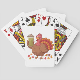 Turkey Holding Matcha Drink Thanksgiving Playing Cards