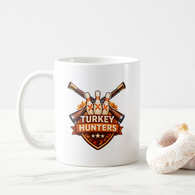 Turkey Hunters Bowling Team Logo Coffee Mug (With Donut)